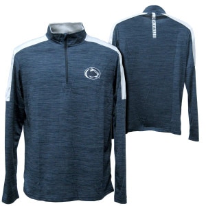 navy long sleeve 1/4 zip, white shoulders and upper sleeves, Penn State Athletic Logo on left chest